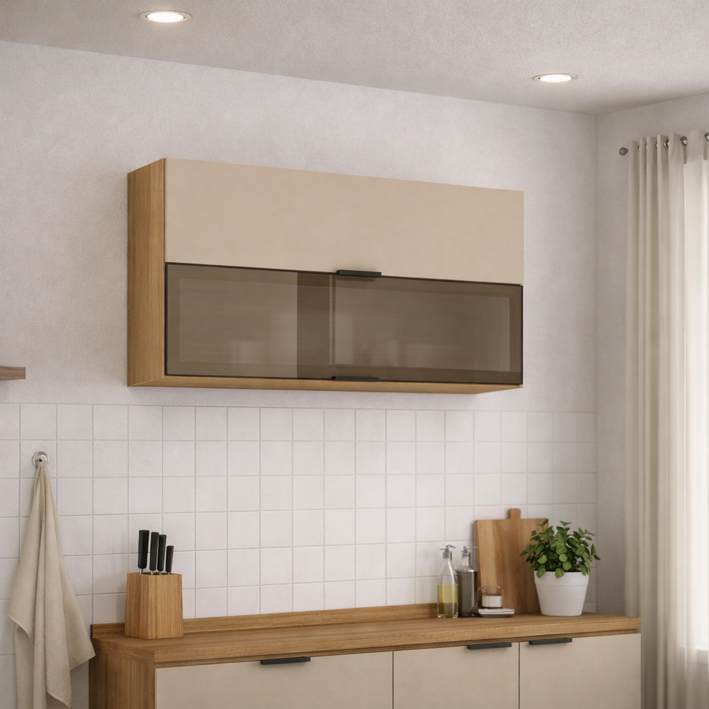 Armário Aéreo  2 Portas Basculantes 1 com Vidro 120 cm Aluminum  Kits Paraná - FREIJO/VANILLA