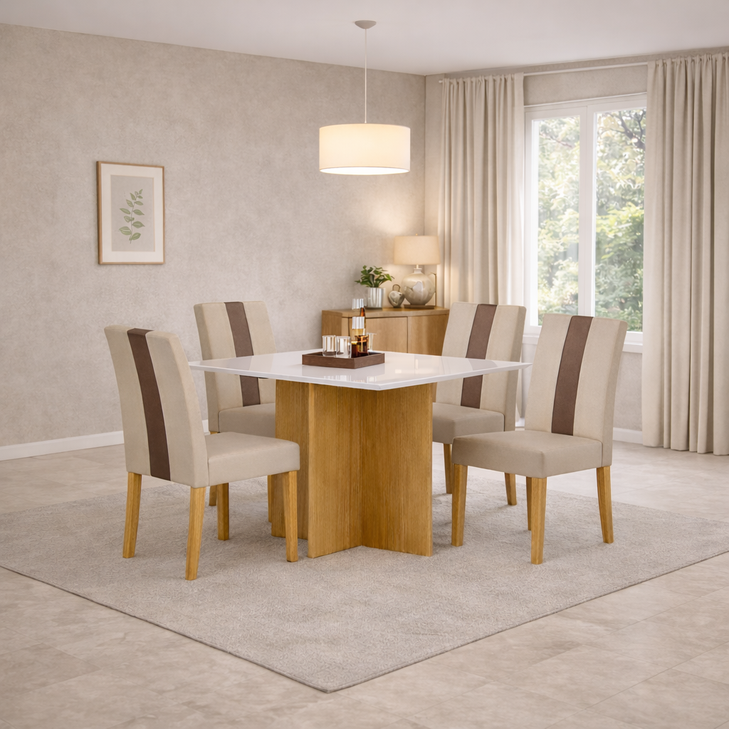 Conjunto Mesa de Jantar Com 4 Cadeiras 90cm Helo Poliman - FREIJÓ/MARFIM