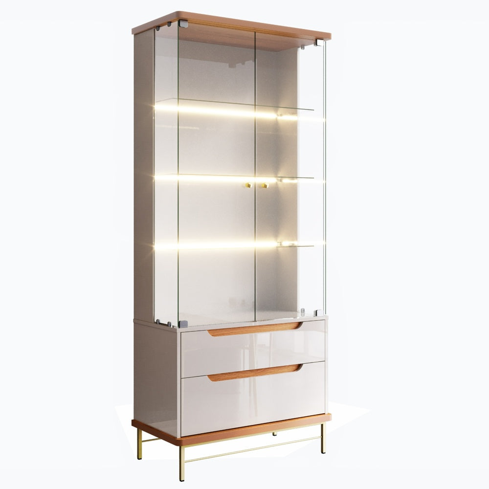 Cristaleira Adhalia Lukaliam com Portas de Vidro, LED e Prateleiras - OFF WHITE/JEQUITIBA