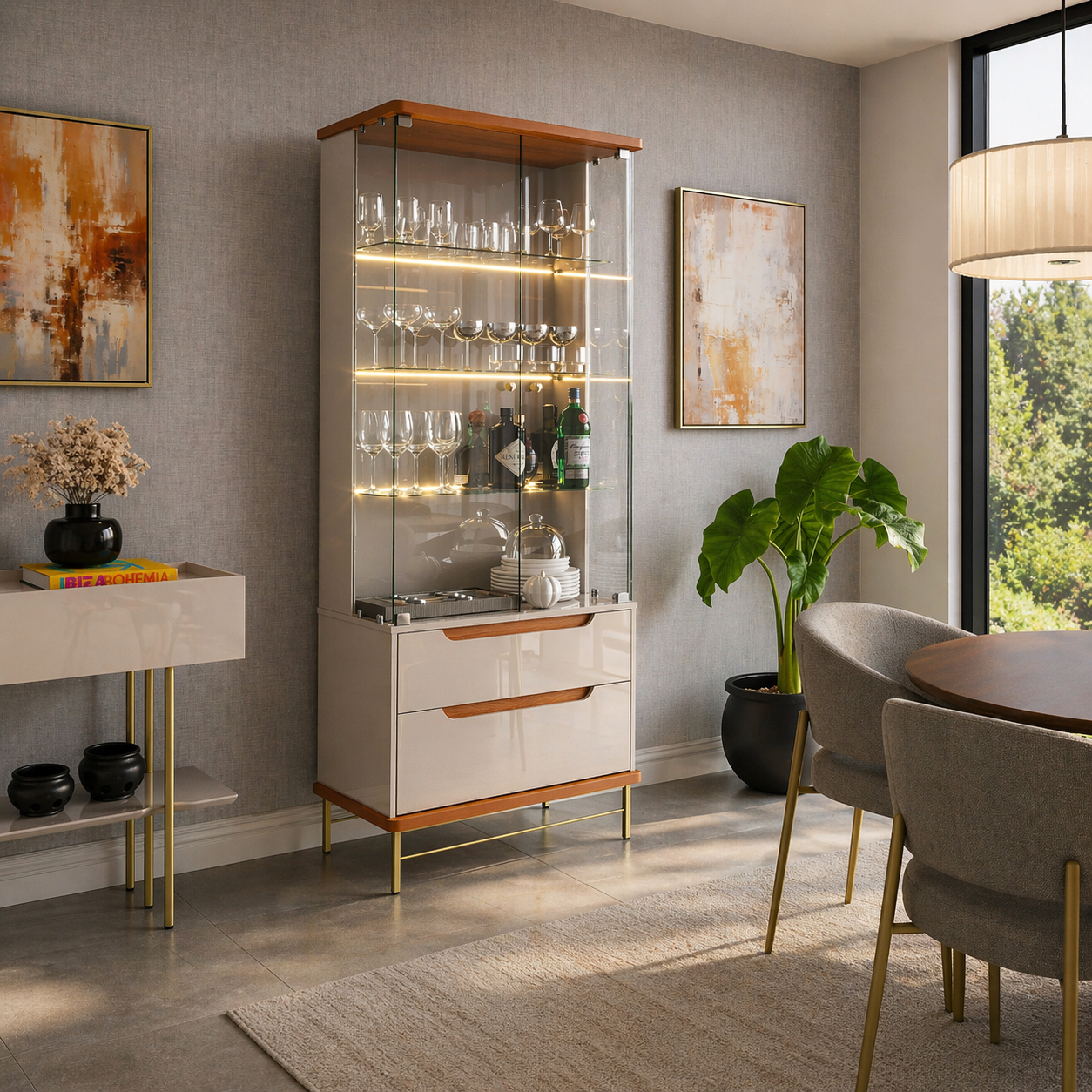 Cristaleira Adhalia Lukaliam com Portas de Vidro, LED e Prateleiras - OFF WHITE/JEQUITIBA