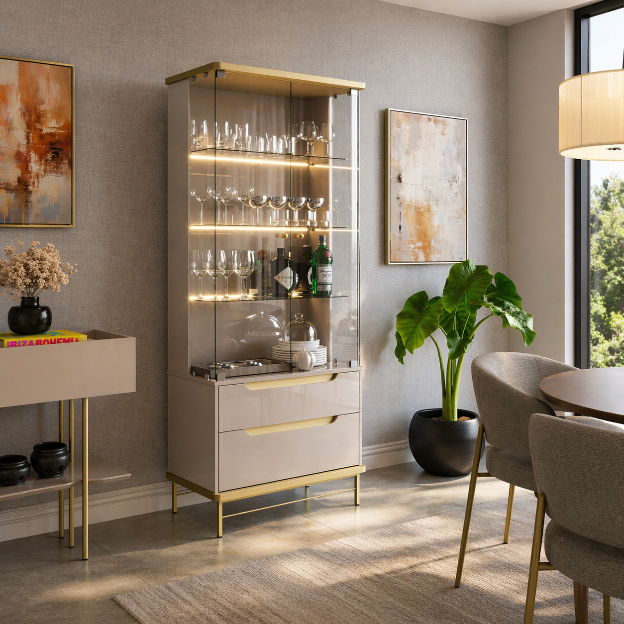 Cristaleira Adhalia Lukaliam com Portas de Vidro, LED e Prateleiras