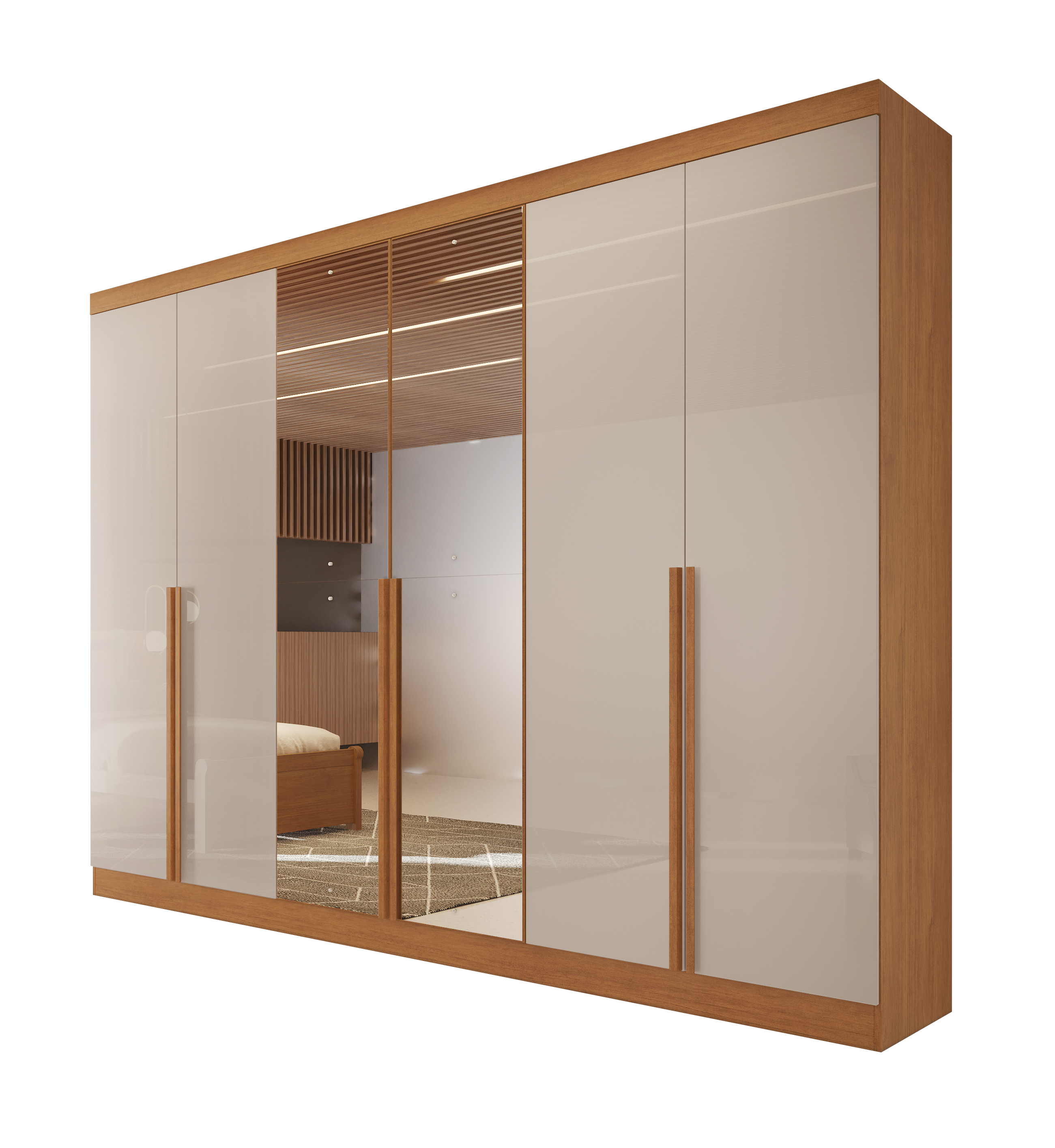 Guarda-Roupa Casal   6 Portas 6 Gavetas Com Espelho MDF Austria Bianchi - NATURE/OFF WHITE