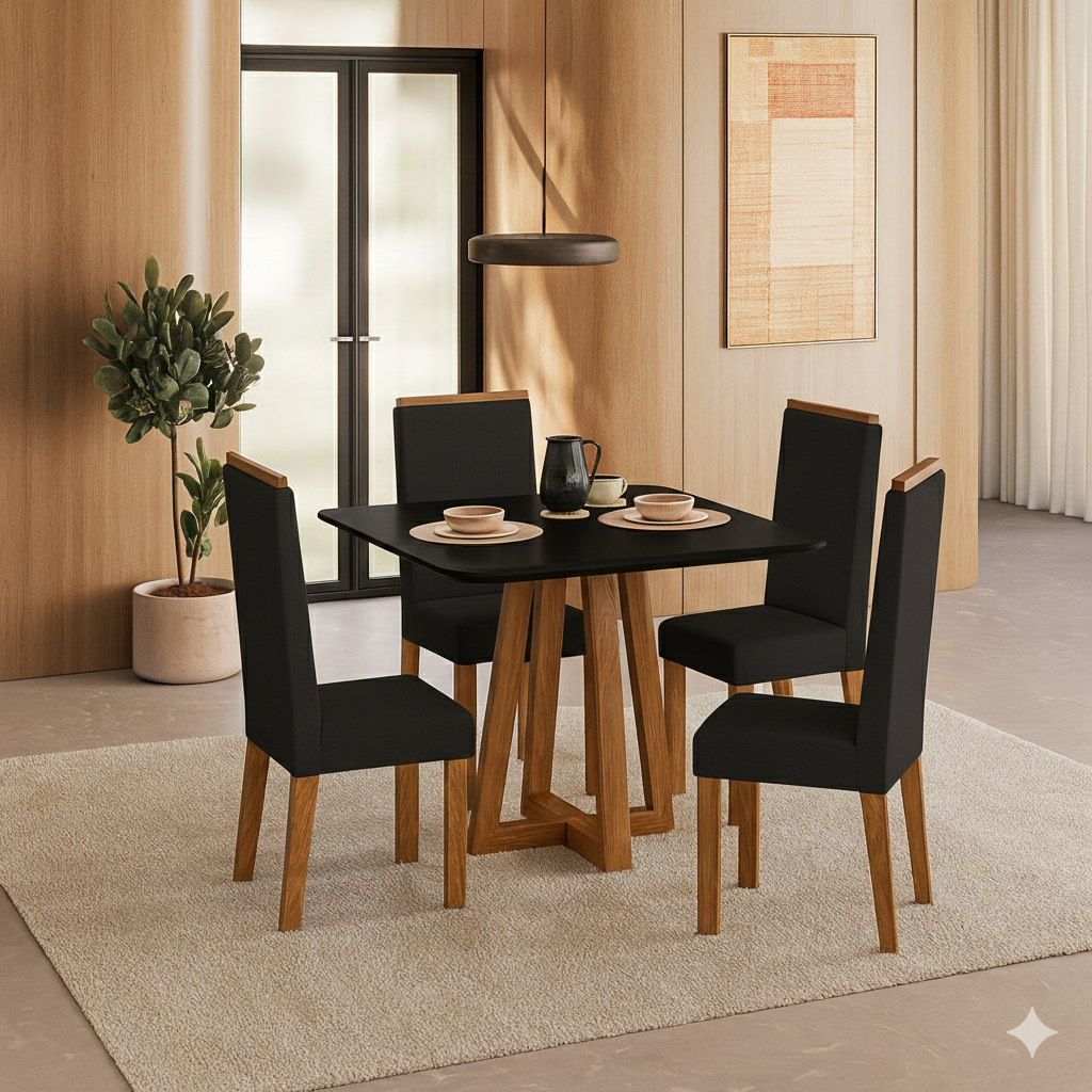 Conjunto de Mesa de Jantar 90x90cm Quadrada com 4 Cadeiras Livia Sonetto - PRETO
