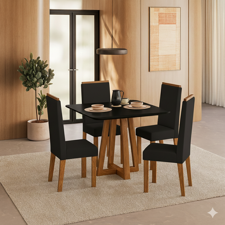 Conjunto de Mesa de Jantar 90x90cm Quadrada com 4 Cadeiras Livia Sonetto