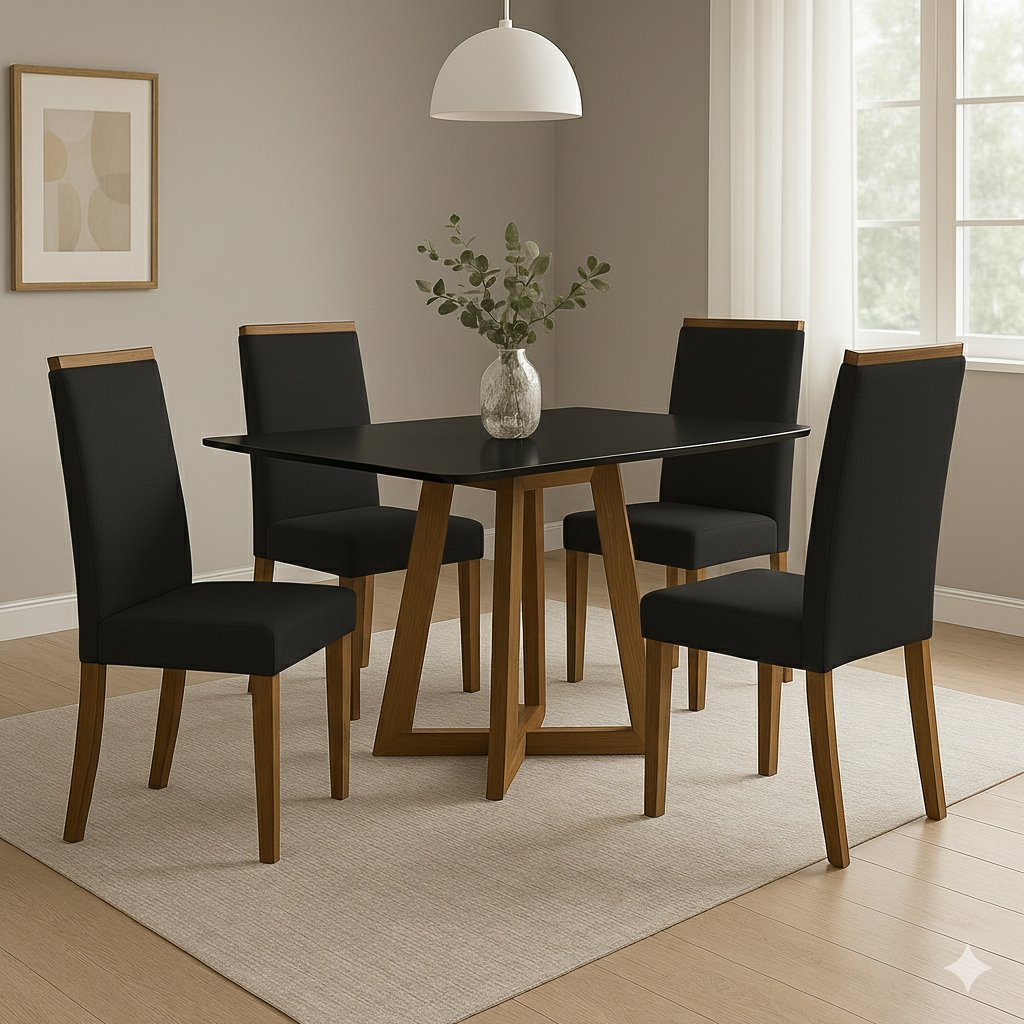 Conjunto de Mesa de Jantar 120x90cm Quadrada com 4 Cadeiras Livia Sonetto - PRETO