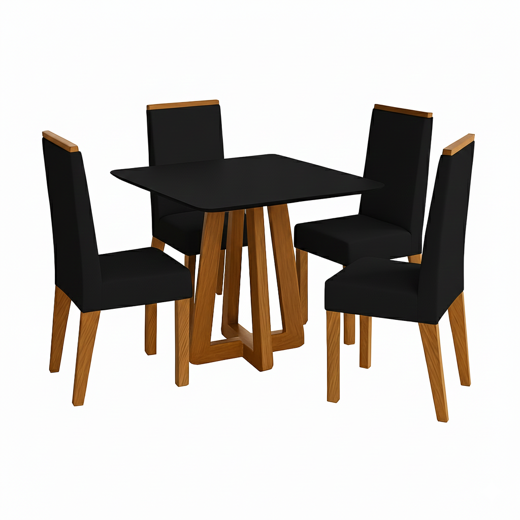 Conjunto de Mesa de Jantar 90x90cm Quadrada com 4 Cadeiras Livia Sonetto - PRETO