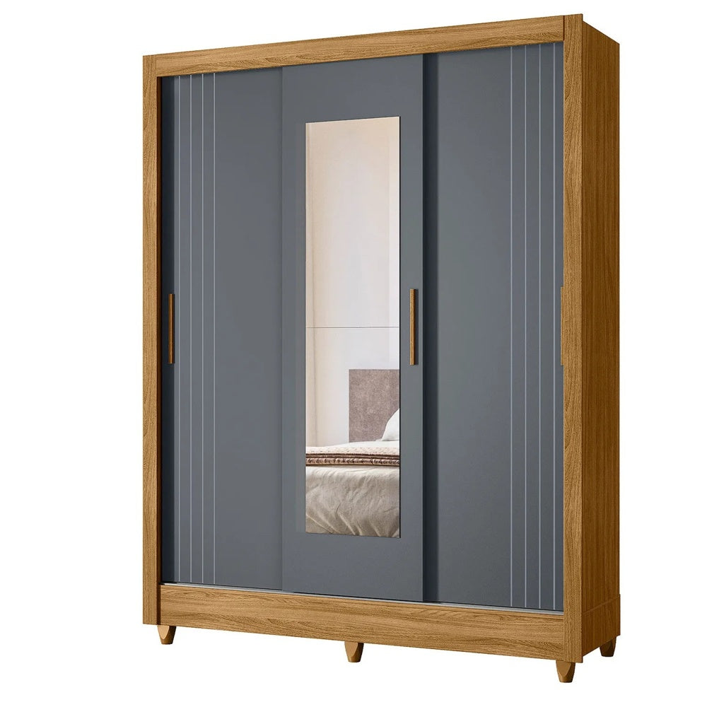 Guarda-Roupa Casal Bolívia 3 Portas 2 Gavetas Com Espelho Moval - FREIJO/CINZA