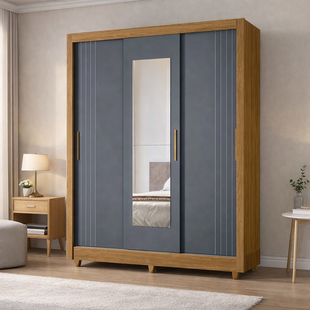 Guarda-Roupa Casal Bolívia 3 Portas 2 Gavetas Com Espelho Moval - FREIJO/CINZA