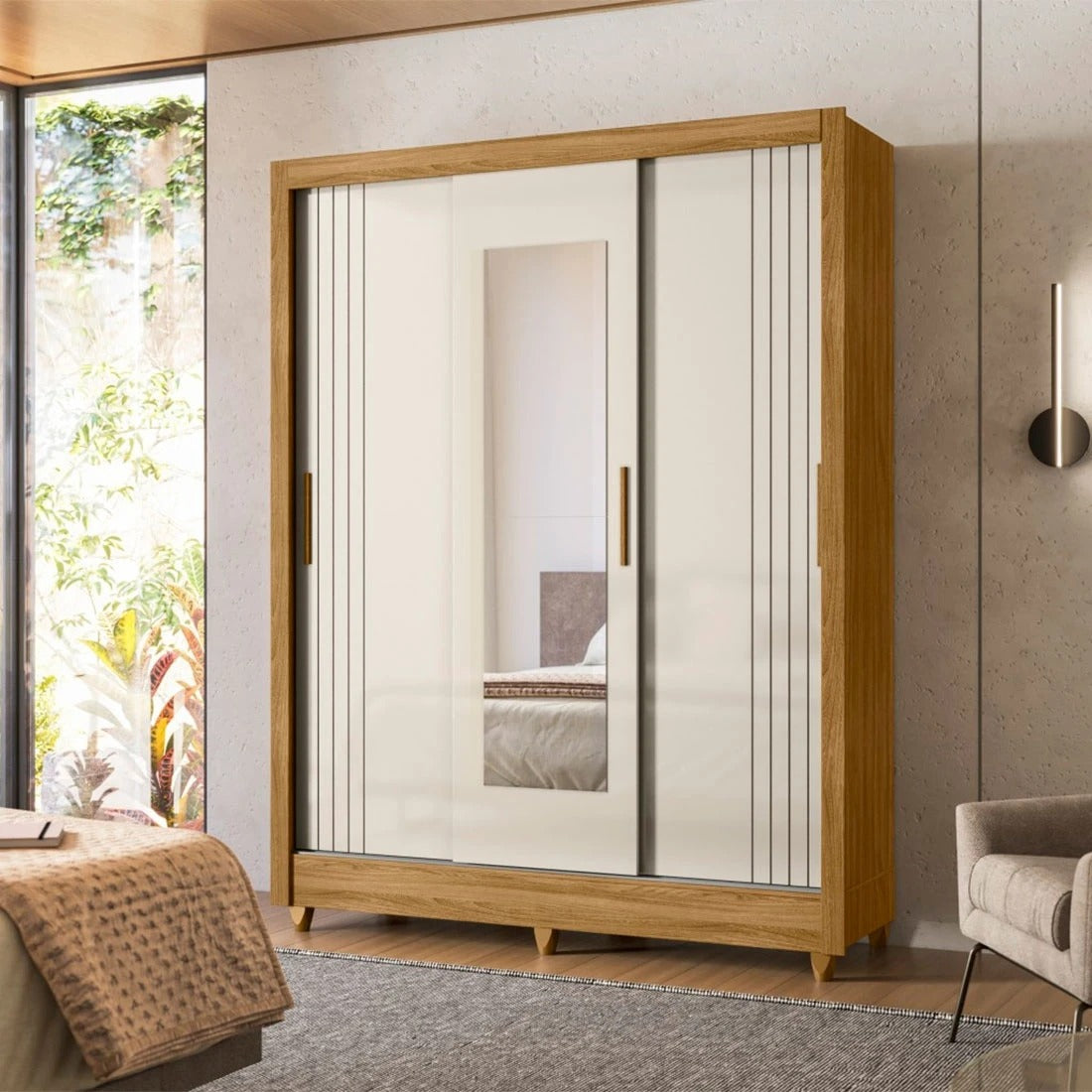 Guarda-Roupa Casal Bolívia 3 Portas 2 Gavetas Com Espelho Moval - FREIJO/OFF WHITE