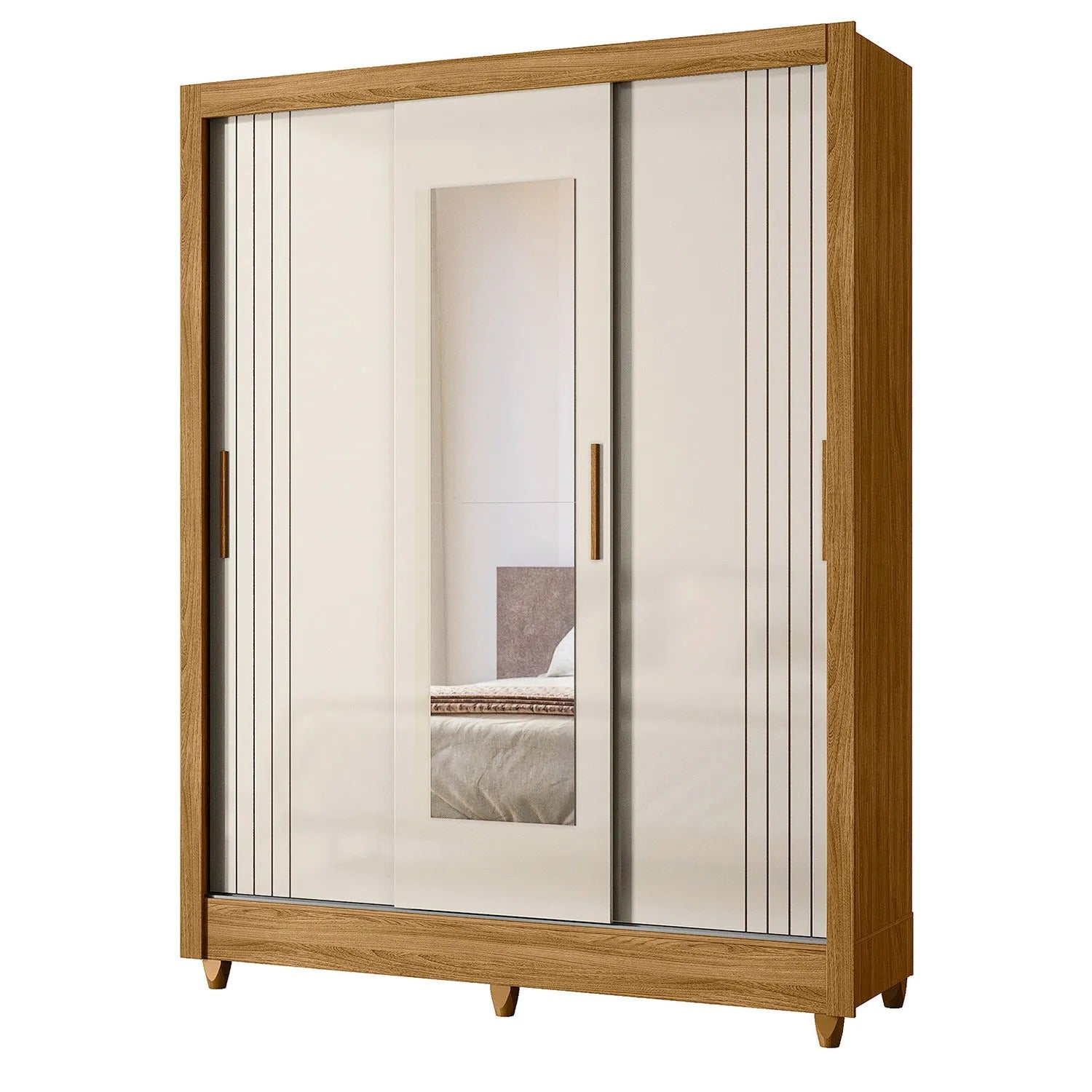 Guarda-Roupa Casal Bolívia 3 Portas 2 Gavetas Com Espelho Moval - FREIJO/OFF WHITE