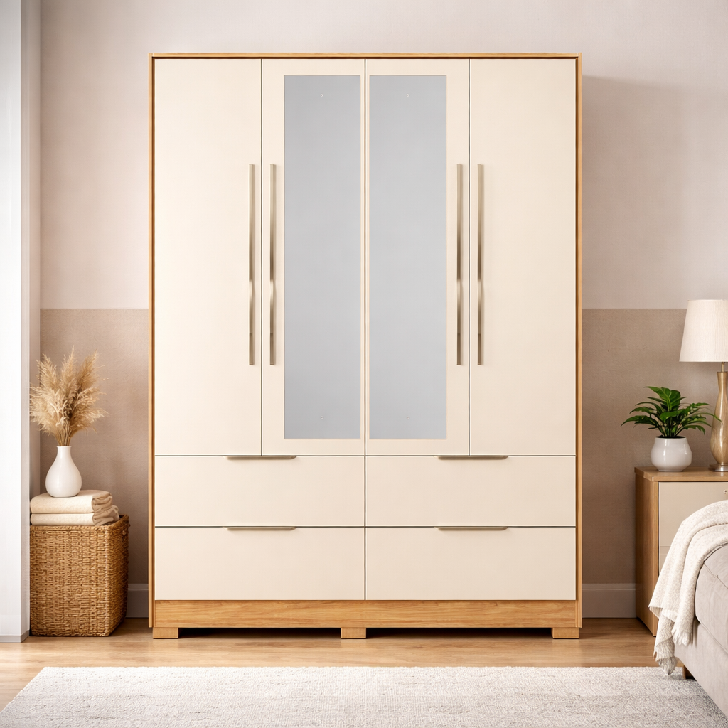 Guarda-Roupa Casal Domo 4 Portas com Espelho e Pés Demóbile - CINAMOMO/OFF WHITE