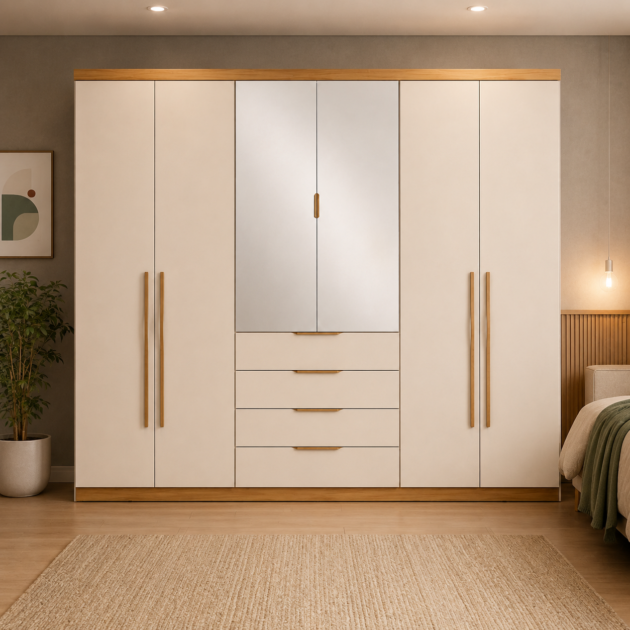 Guarda-Roupa Casal Giardino Com Espelho 6 Portas 4 Gavetas Demóbile - CINAMOMO/OFF WHITE