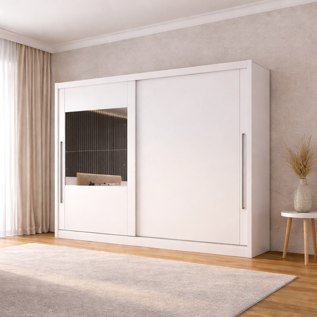 Guarda Roupa Monaco 2 Portas de Correr 6 Gavetas com Espelho Novo Horizonte - BRANCO