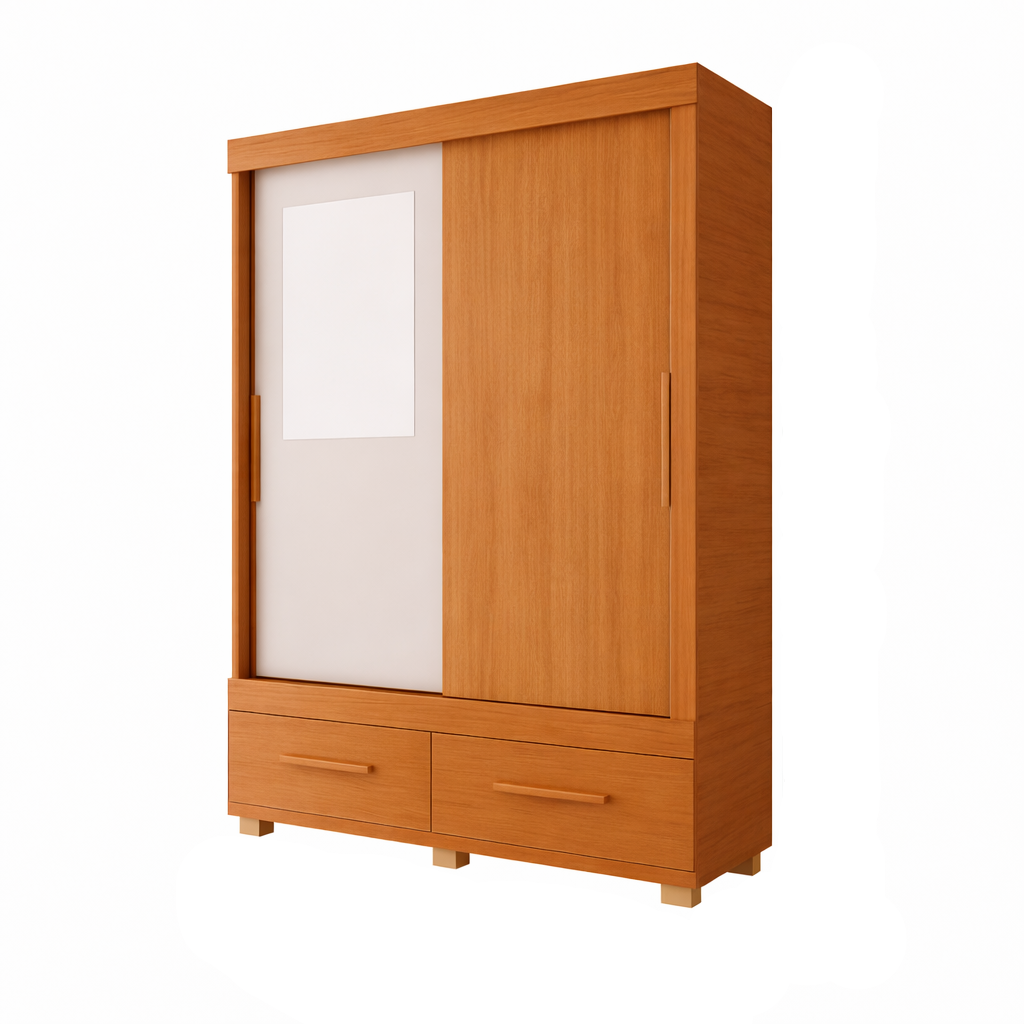 Guarda-Roupa Solteiro 2 Portas de Correr com Espelho 2 Gavetas Sereno Caemmun - FREIJO / OFF WHITE