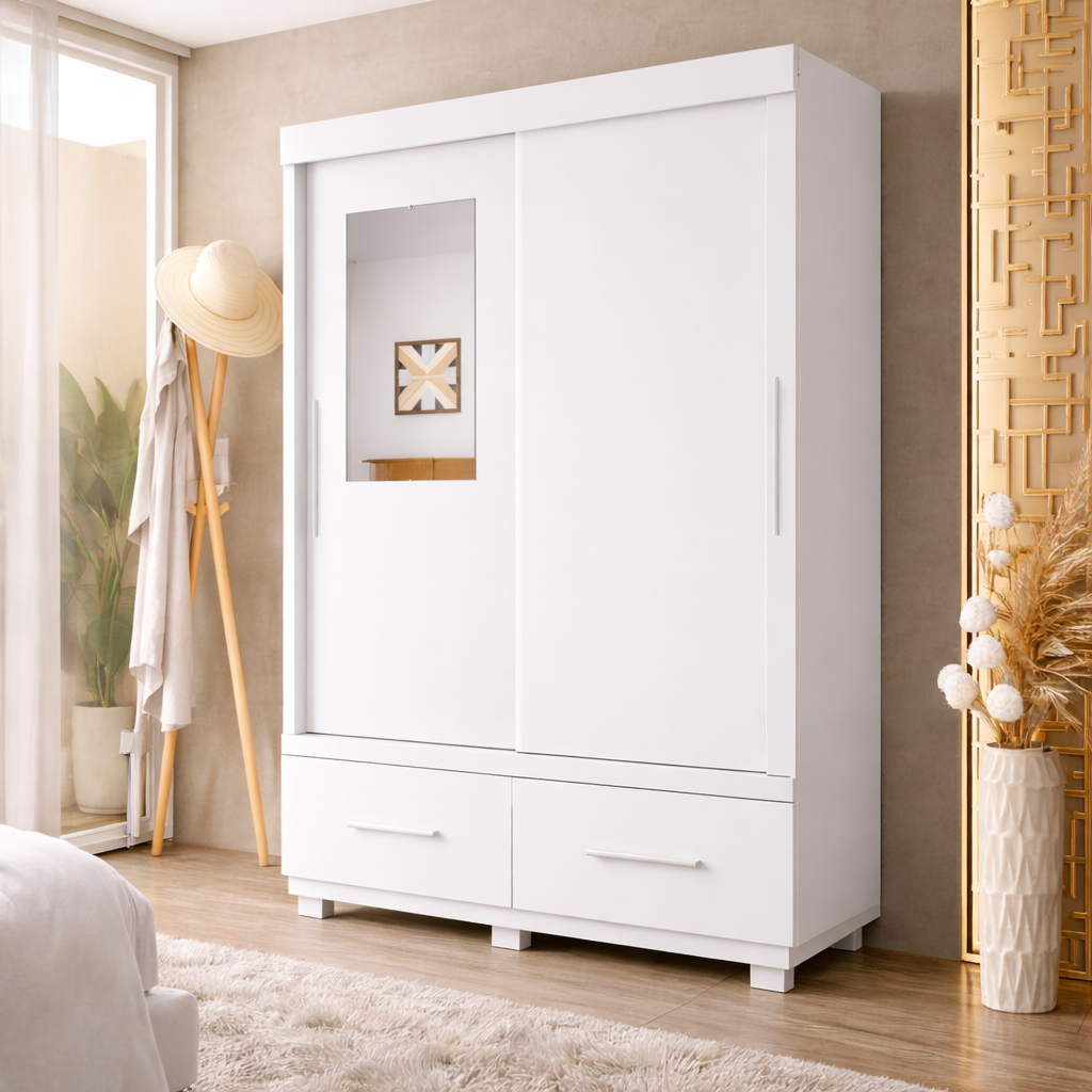 Guarda-Roupa Solteiro 2 Portas de Correr com Espelho 2 Gavetas Sereno Caemmun - BRANCO