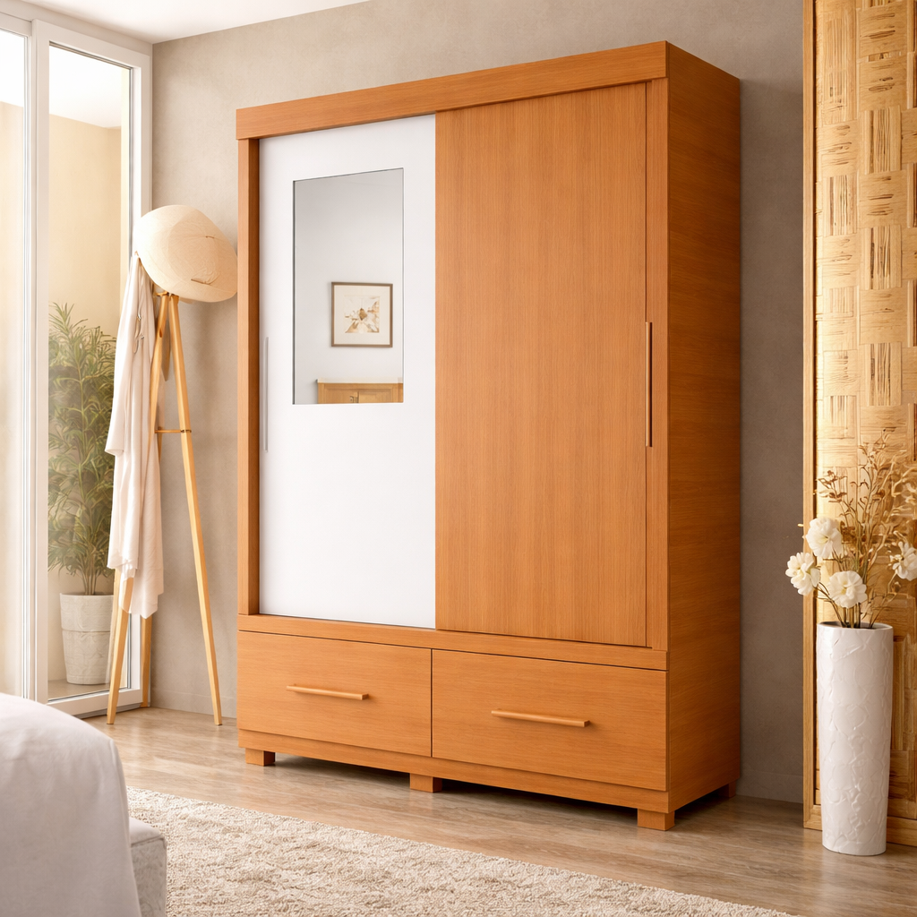 Guarda-Roupa Solteiro 2 Portas de Correr com Espelho 2 Gavetas Sereno Caemmun - FREIJO / OFF WHITE