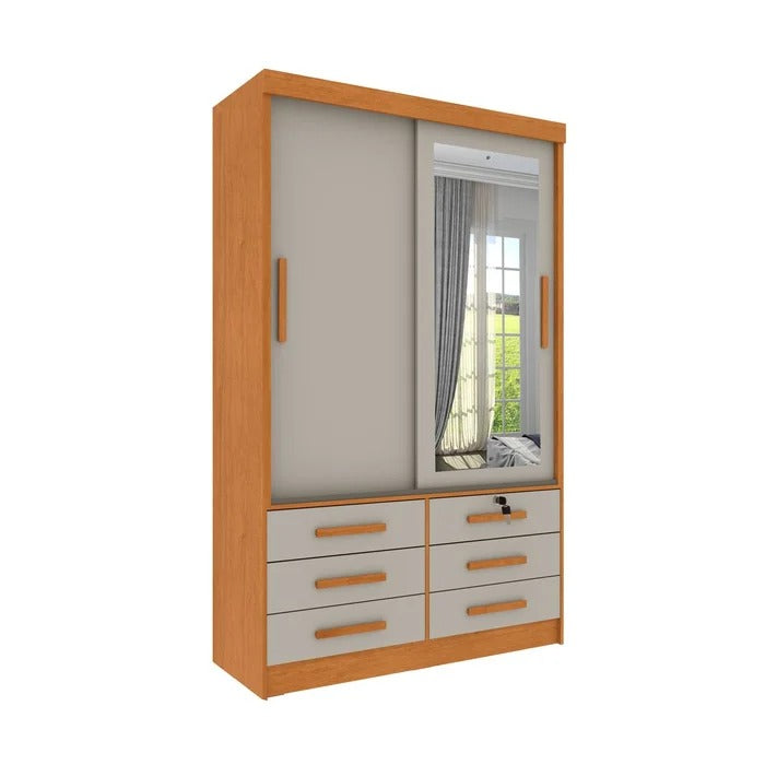 Guarda-Roupa Solteiro Buriti 2 Portas 6 Gavetas com Espelho Novo Horizonte - CUMA/FENDI