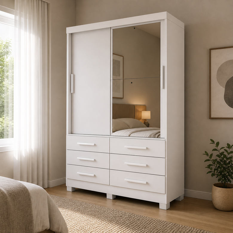 Guarda-Roupa Solteiro Buriti 2 Portas 6 Gavetas com Espelho Novo Horizonte