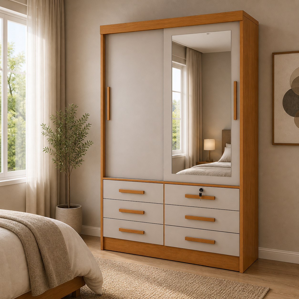 Guarda-Roupa Solteiro Buriti 2 Portas 6 Gavetas com Espelho Novo Horizonte - CUMA/FENDI