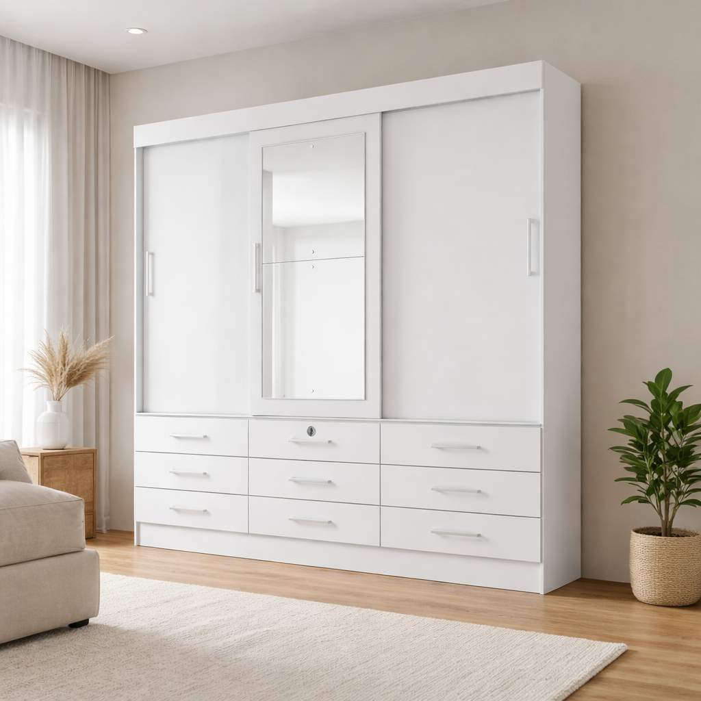 Guarda-Roupas Buriti 3 Portas 9 Gavetas com Espelho Novo Horizonte - BRANCO