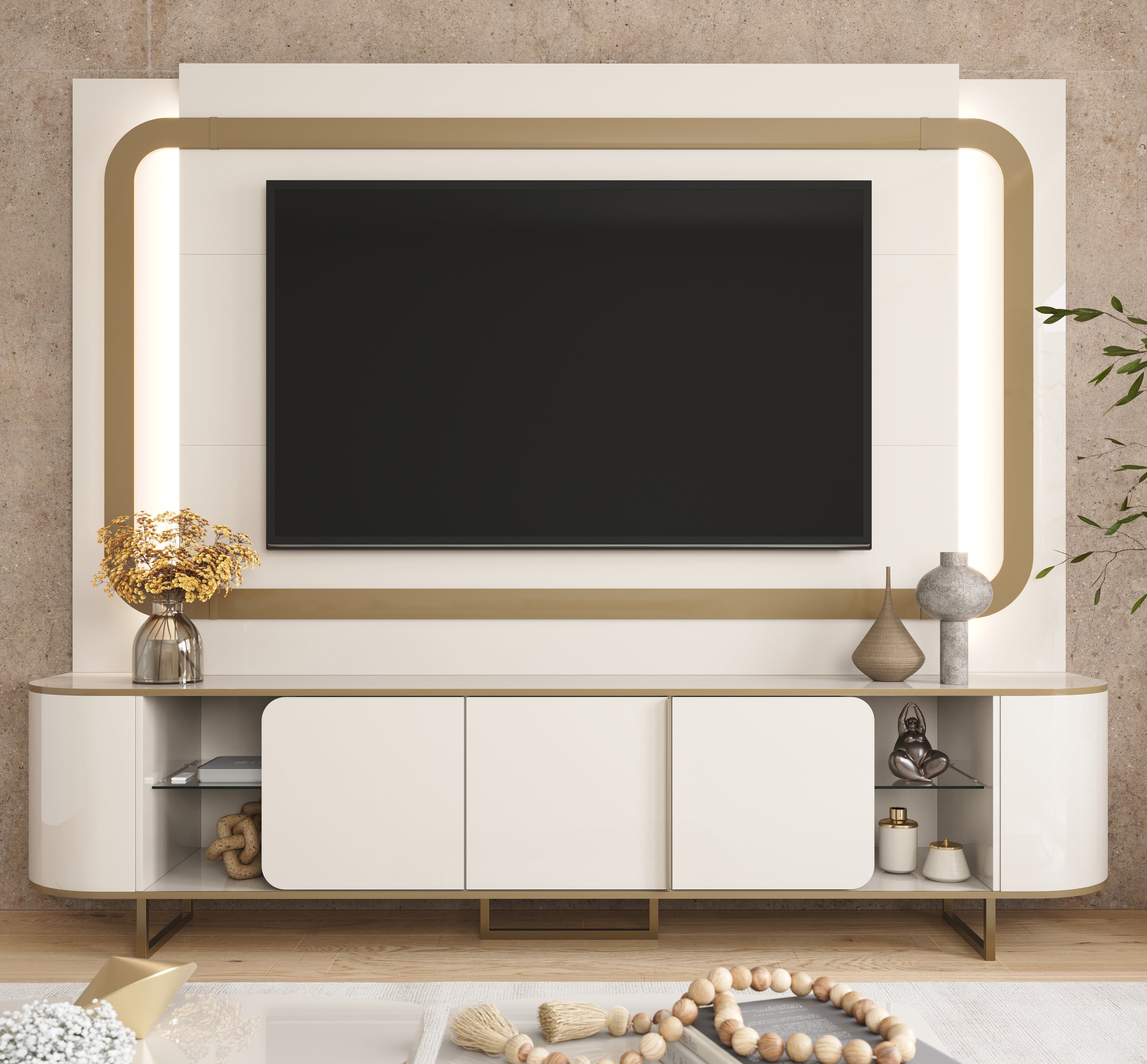 Home 2.4 Atlanta Lukaliam para TV até 65 Polegadas com Nichos e LED - OFF WHITE/DOURADO