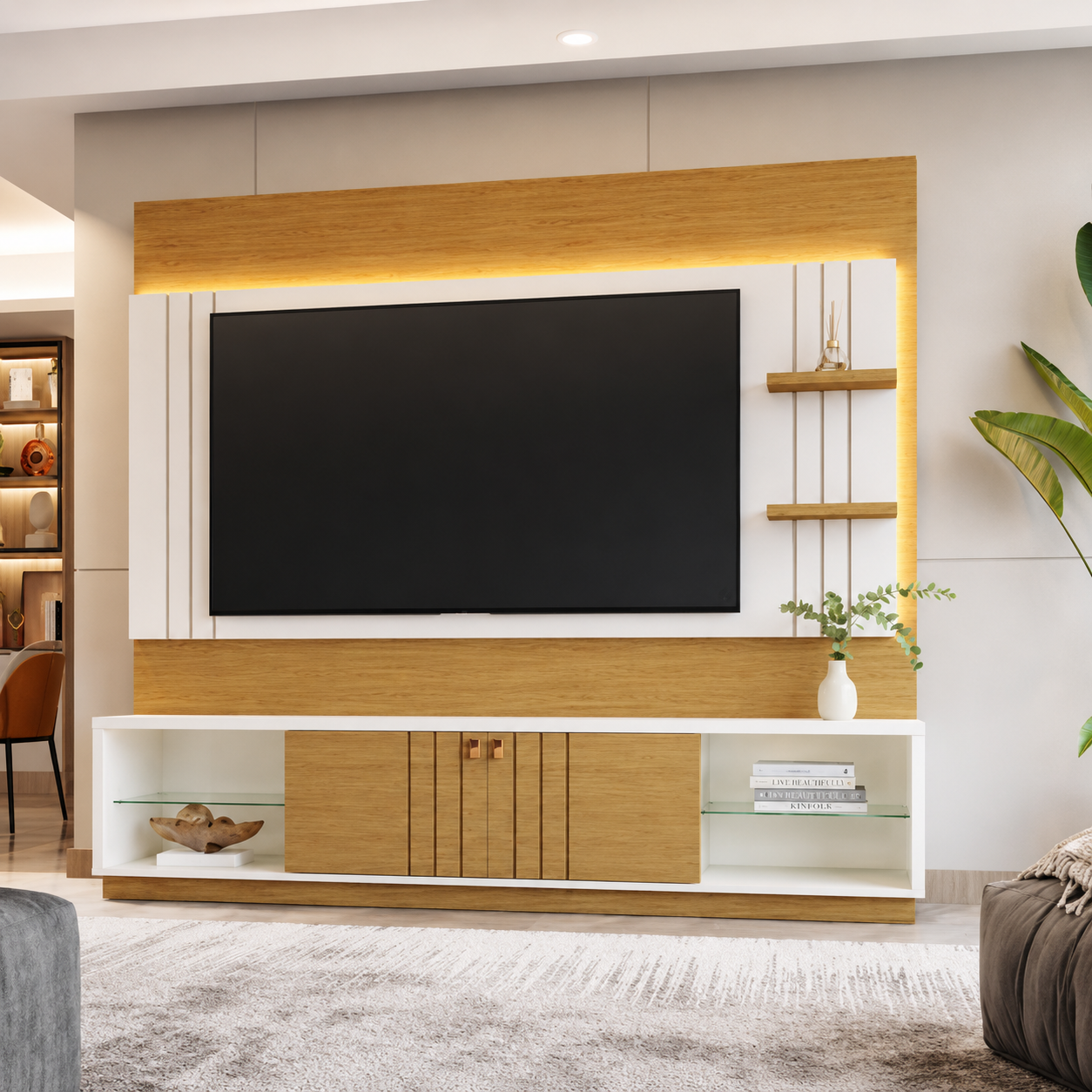 Home Para Tv até 60" Guaiba  2 Portas Com Led Mobler - OFF WHITE AMENDOA