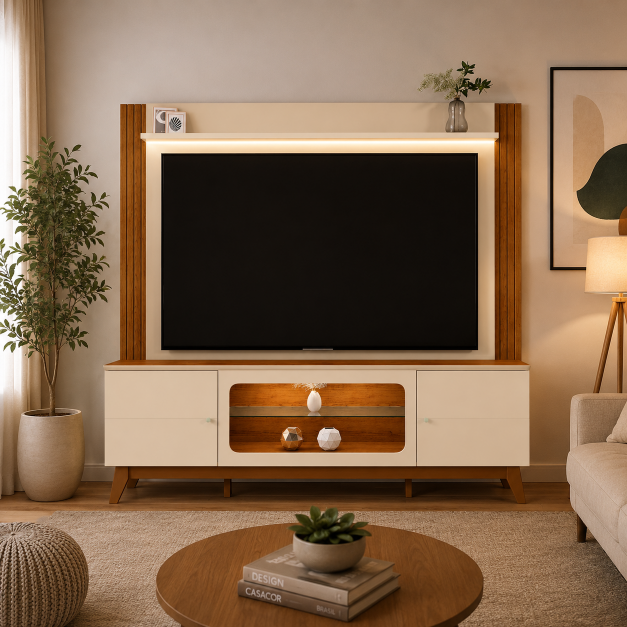Home Para Tv até 70"  Maceió 2 Portas com Led  Mobler - OFF WHITE/CANELA