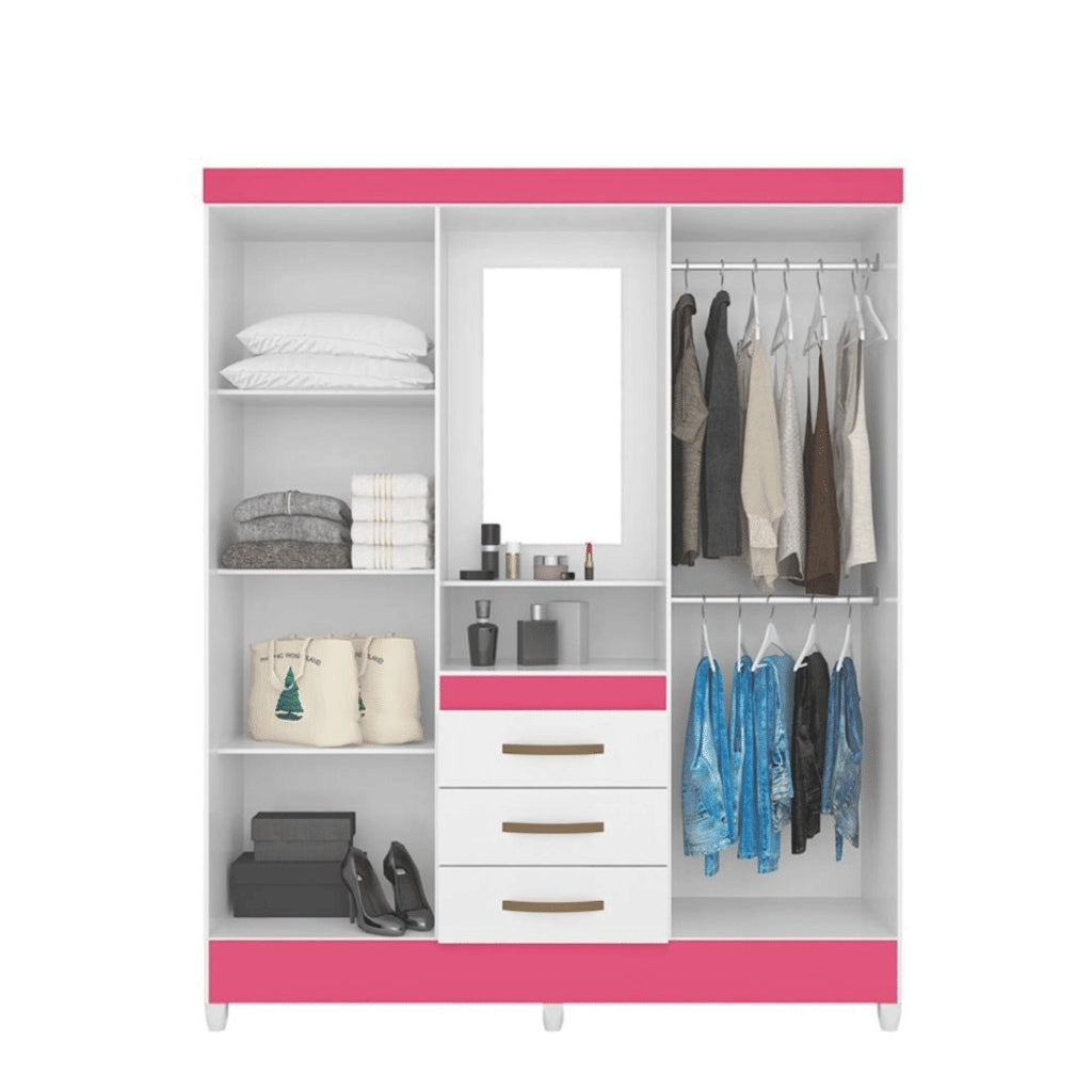 Guarda Roupa Solteiro 4 Portas com Espelho 3 Gavetas Capri Branco/Rosa - Moval