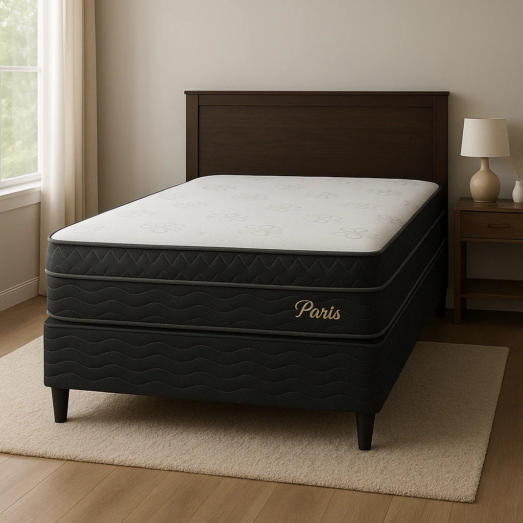 Cama Box Casal Paris (Colchão + Base) 138x188 Molas Ensacadas Topázio - Preto TX