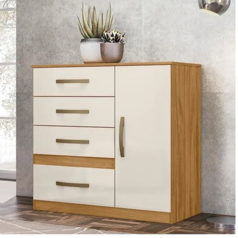 Cômoda  Com 4 Gavetas 1 Porta  Vênus Moval - Amêndoa com Off White