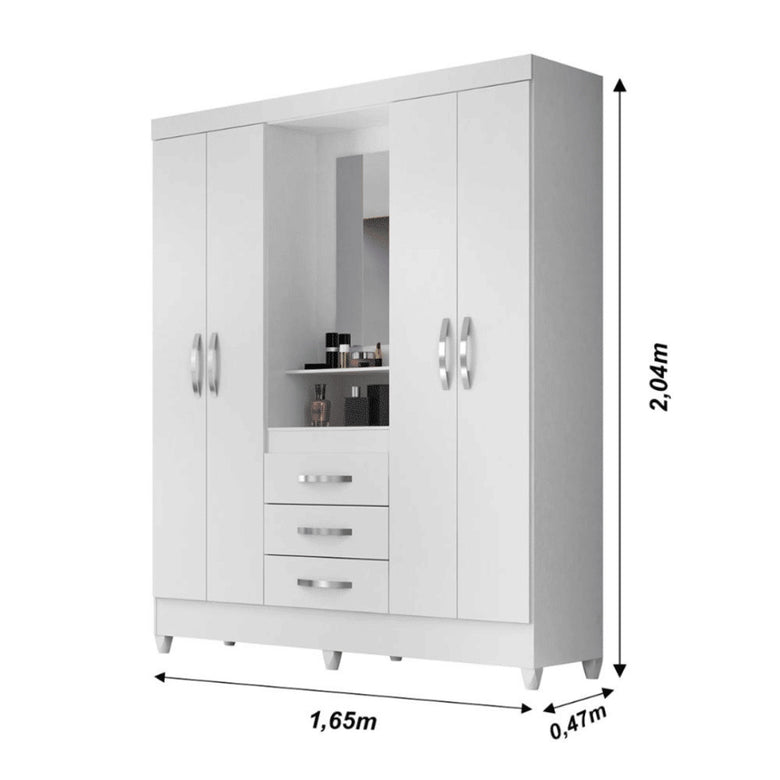 Guarda Roupa Solteiro 4 Portas com Espelho 3 Gavetas Capri Branco/Rosa - Moval
