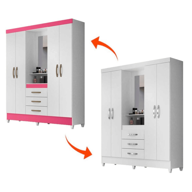 Guarda Roupa Solteiro 4 Portas com Espelho 3 Gavetas Capri Branco/Rosa - Moval