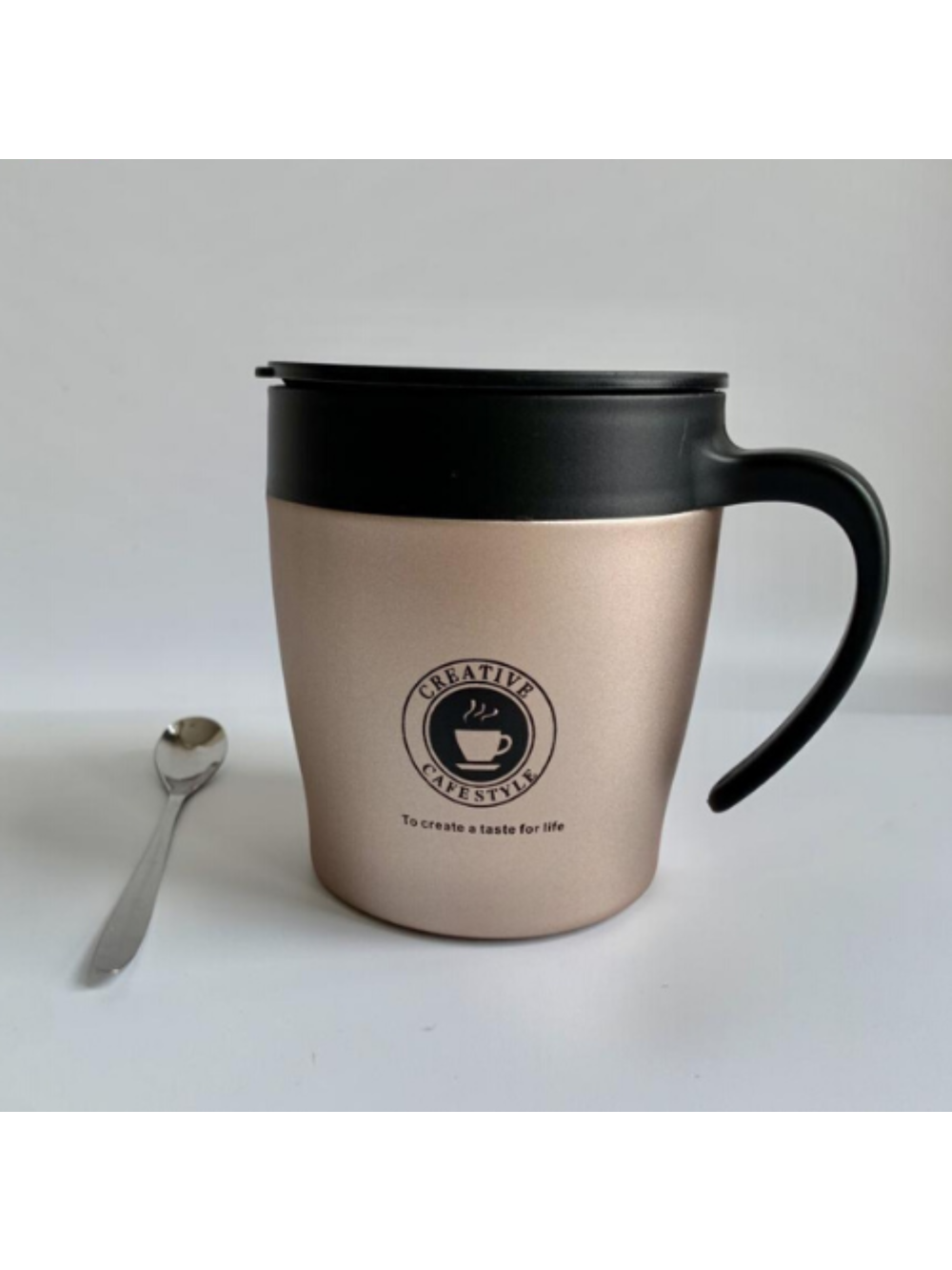 Caneca Termica Aço Inox 350 ML Com Tampa E Colher Cor:Dourado