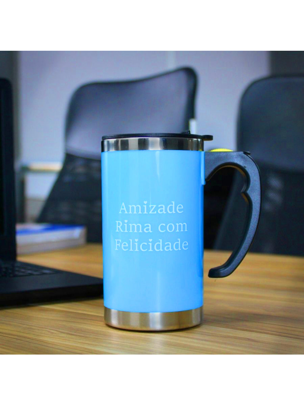 Caneca Mixer Misturadora Inox 450 ml Com Tampa A Pilha Cor:Azul
