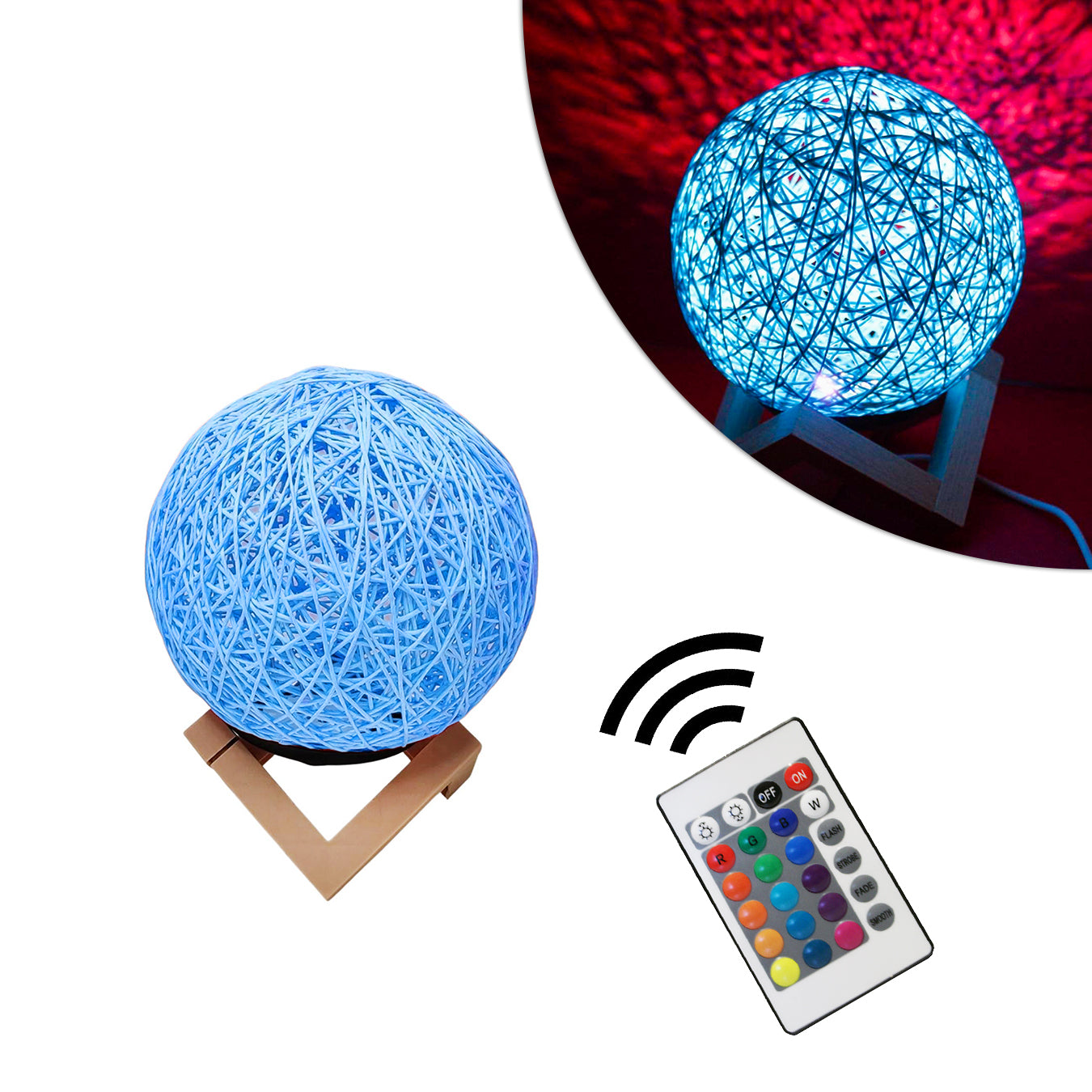Luminaria Bola De Barbante Abajur Branco USB Luz Led Colorido Decoração Casa Cor:Azul