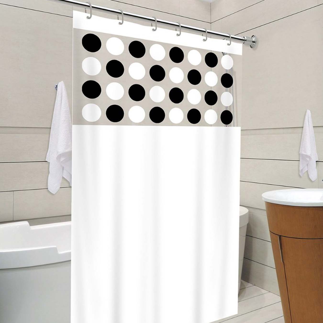Cortina Box Banheiro Com Visor Estampado Bolinhas Antimofo Impermeavel Branco Vida Pratika