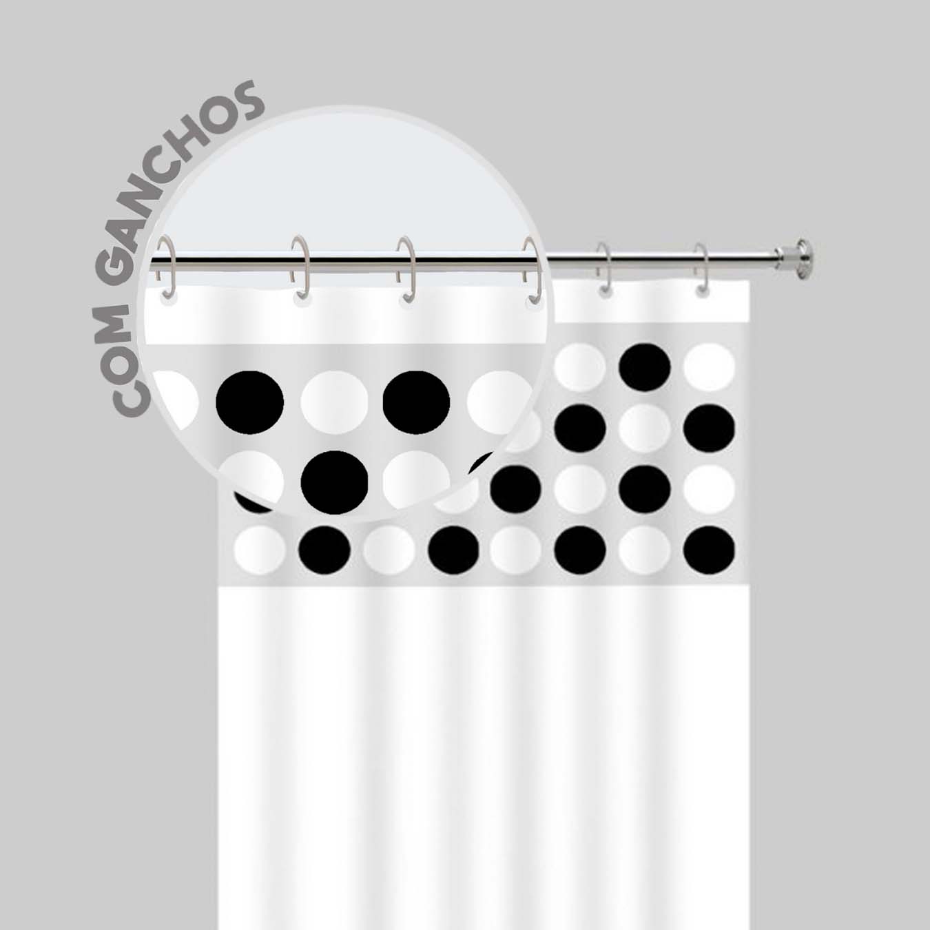Cortina Box Banheiro Com Visor Estampado Bolinhas Antimofo Impermeavel Branco Vida Pratika