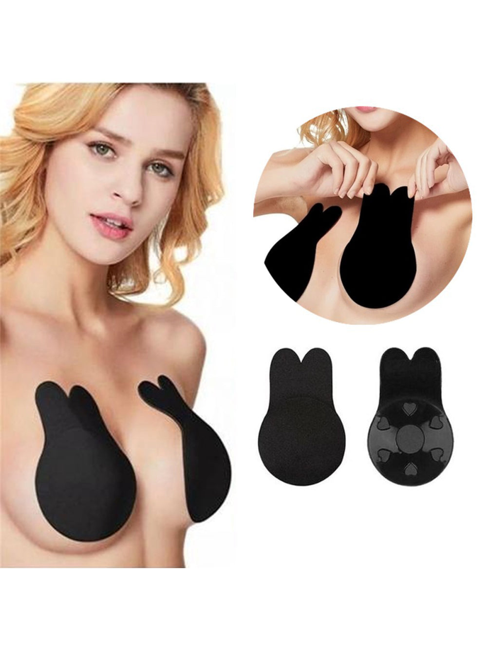 Sutiã Adesivo Levanta Seio Invisible Pushup Orelha De Coelho Preto Tamanho:L/XL