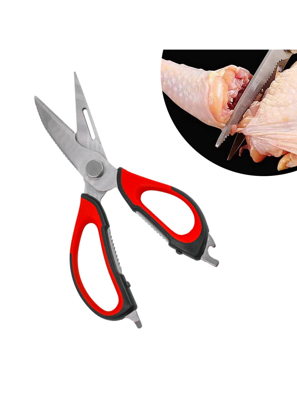 Tesoura Culinaria P/ Casa Cozinha Corta Desossa  Limpa Peixe Carne Frango 6 em 1 Cor:Vermelho