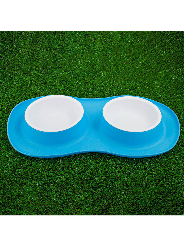 Comedor Pote Para Ração Agua Tigela Duplo Cachorro Gato Silicone Cor:Azul