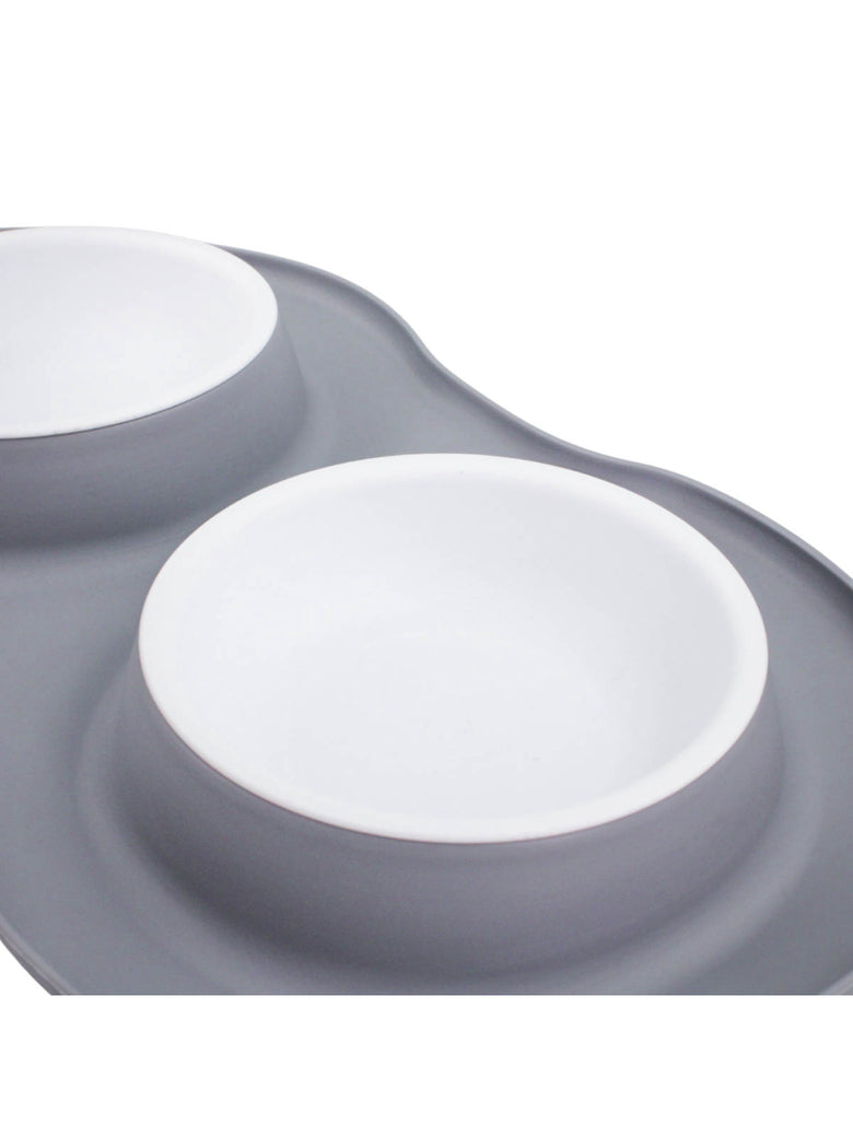 Comedor Pote Para Ração Agua Tigela Duplo Cachorro Gato Silicone Cor:Cinza