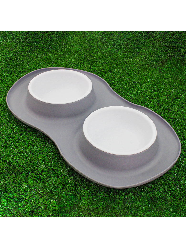 Comedor Pote Para Ração Agua Tigela Duplo Cachorro Gato Silicone Cor:Cinza