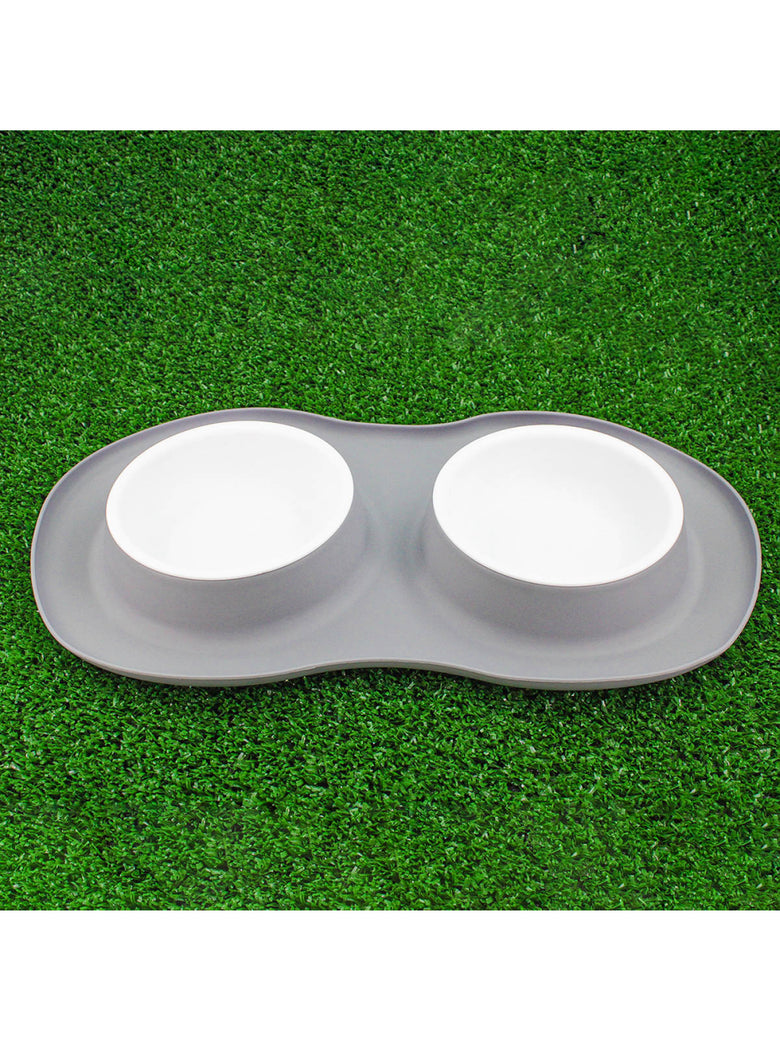 Comedor Pote Para Ração Agua Tigela Duplo Cachorro Gato Silicone Cor:Cinza
