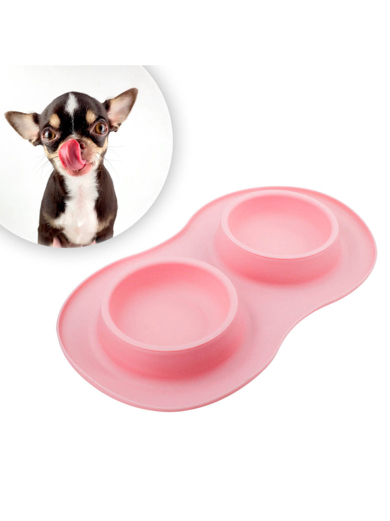 Comedor Pote Para Ração Agua Tigela Duplo Cachorro Gato Silicone Cor:Rosa