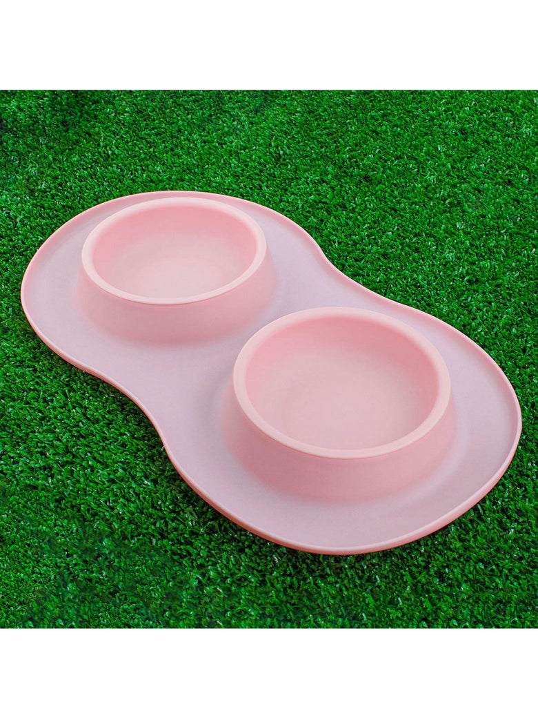 Comedor Pote Para Ração Agua Tigela Duplo Cachorro Gato Silicone Cor:Rosa