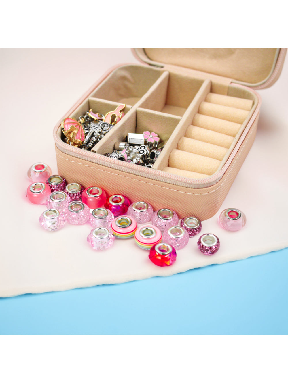 Kit Porta Joias Portatil Viagem Estojo Rosa Com Missangas Pink Cor:Rosa