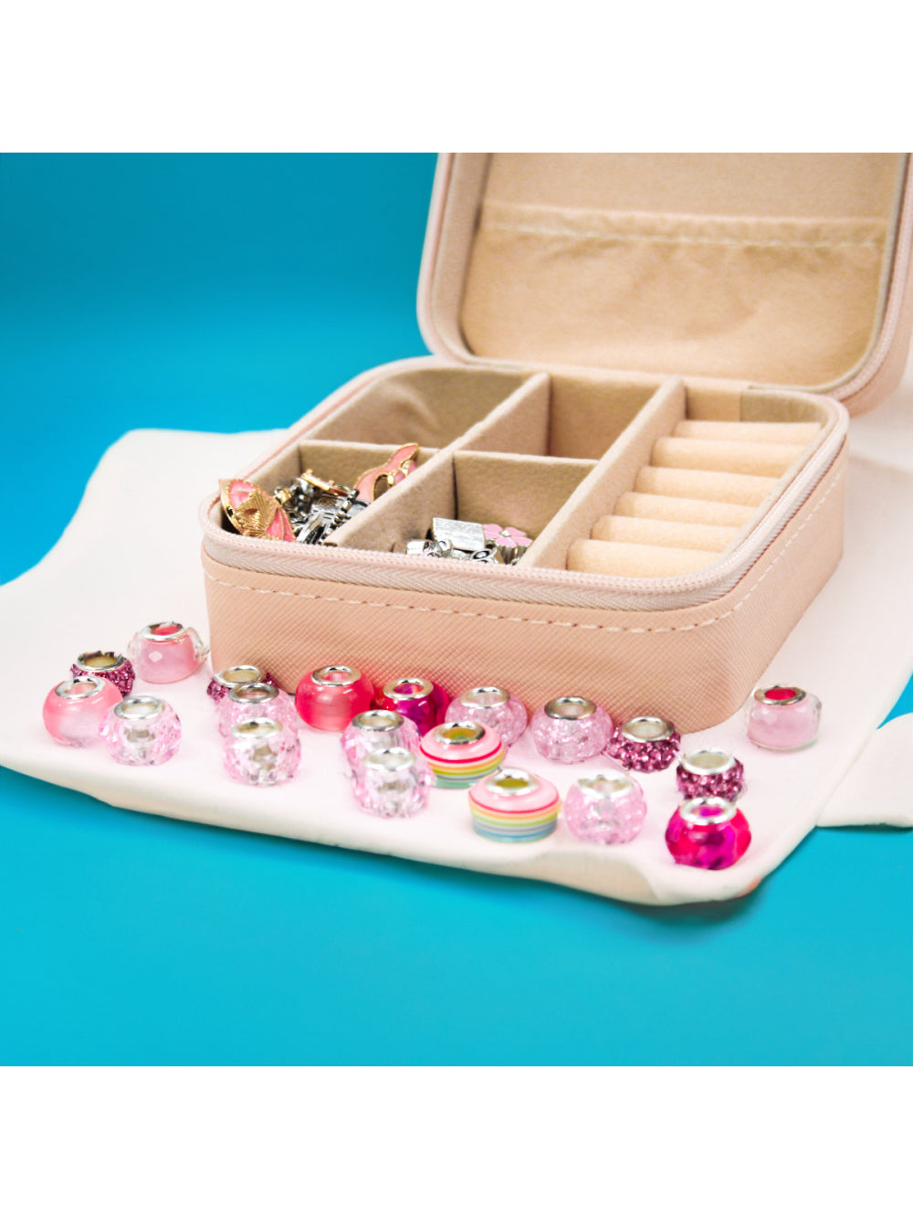 Kit Porta Joias Portatil Viagem Estojo Rosa Com Missangas Pink Cor:Rosa