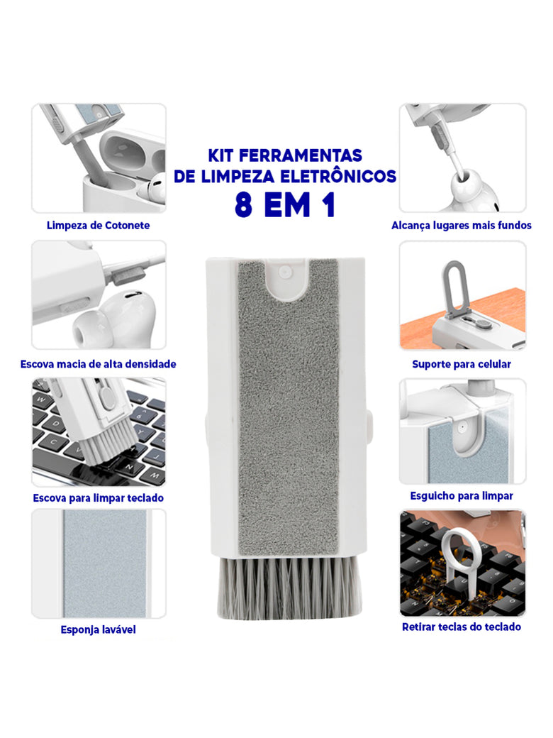 Kit Ferramentas De Limpeza Eletrônicos 8 Em 1 Teclado Headset Fones Notebooks Celulares COR:BRANCO