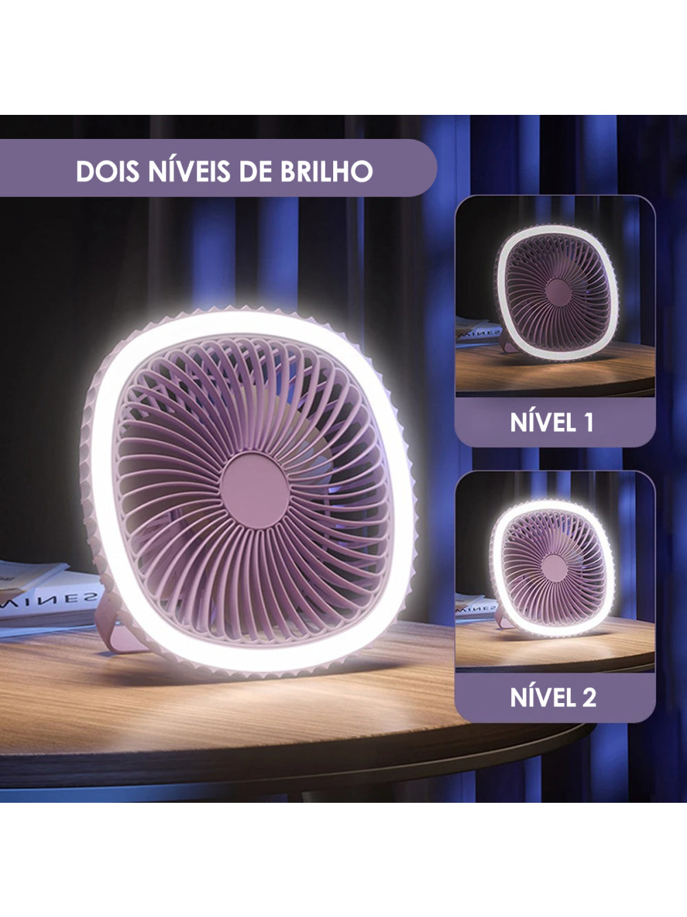 Mini Ventilador De Mesa Luz Ring Light Usb Portátil Potente Silencioso Cor:Lilás
