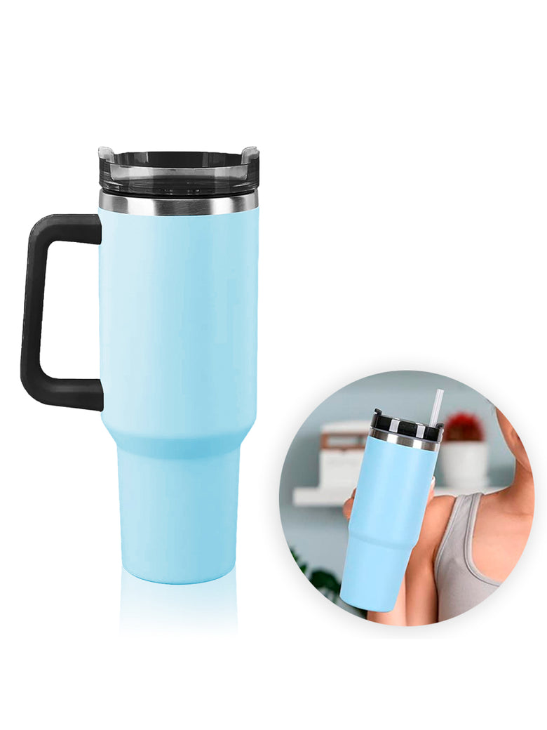 Copo Térmico Aço Inox 1200ml Caneca C/ Alça Canudo Água Gelada Quente Cor:Azul
